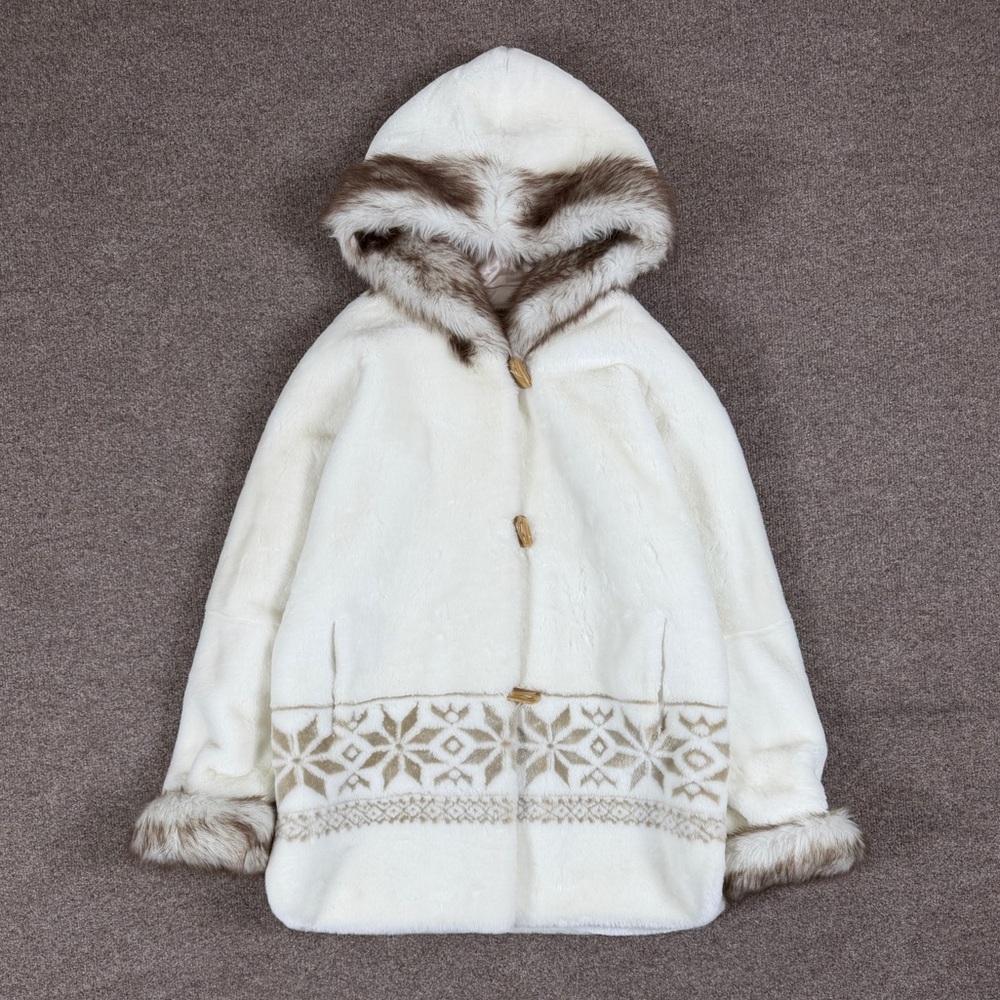 VTG Coldwater Creek Faux Fur Hooded Jacket Women’s M Snowflake Nordic Fair Aisle